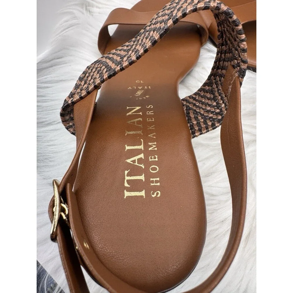 Italian Shoemakers Sandal Womens Size 10 Brown Woven Slingback Italy Block Heel